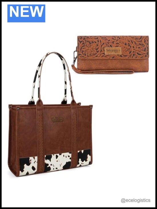 Handbags - Vegan Leather Cow Print Satchel Tote with RFID Wristlet Wallet